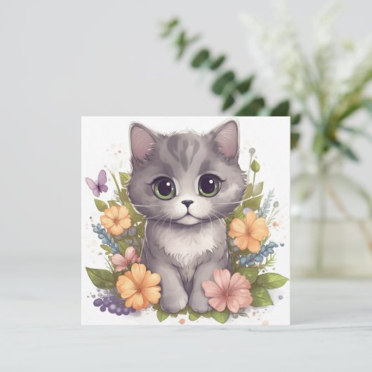 Cute Grey Kat met Flowers Kawaii Chibi (Staand voorkant)