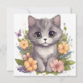 Cute Grey Kat met Flowers Kawaii Chibi (Voorkant)