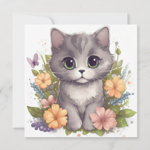 Cute Grey Kat met Flowers Kawaii Chibi