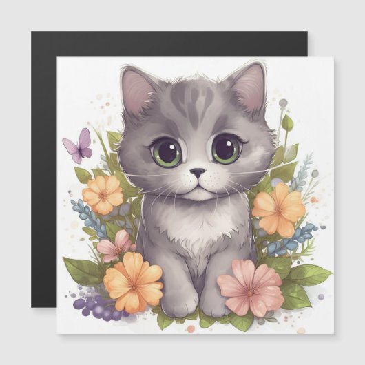 Cute Grey Kat met Flowers Kawaii Chibi (Voorkant / Achterkant)