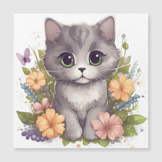 Cute Grey Kat met Flowers Kawaii Chibi (Voorkant)