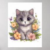 Cute Grey Kat met Flowers Kawaii Chibi Poster (Voorkant)