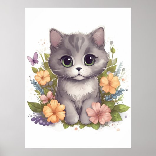 Cute Grey Kat met Flowers Kawaii Chibi Poster (Voorkant)