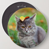 Cute Grey Kat met Leaf op Head Ronde Button 6,0 Cm (Voorkant /achterkant)