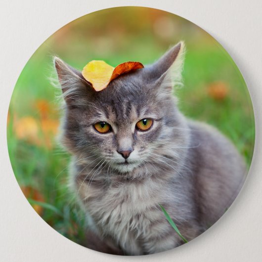 Cute Grey Kat met Leaf op Head Ronde Button 6,0 Cm (Voorkant)