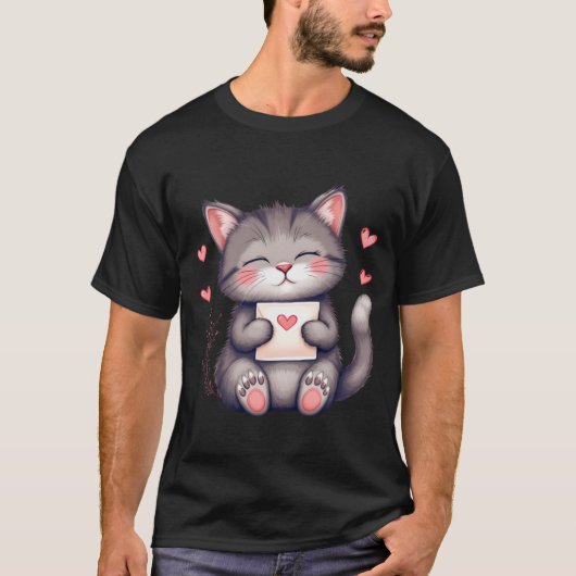 Cute Grey Kitten Holding Love Letter ✨🐾💌 T-shirt (Voorkant)