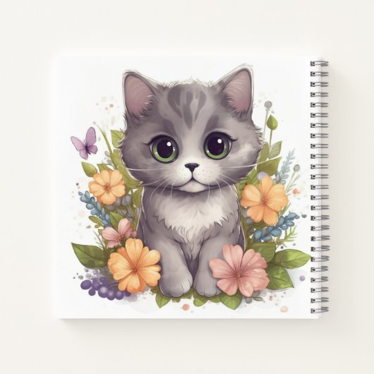 Cute Grey Kitten met Spring Flowers Notitieboek (Achterkant)