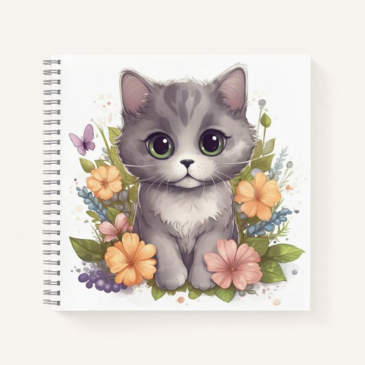 Cute Grey Kitten met Spring Flowers Notitieboek (Voorkant)