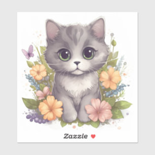 Cute Grey Kitten met Spring Flowers Sticker