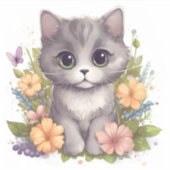 Cute Grey Kitten met Spring Flowers Sticker (Voorkant)