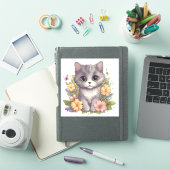 Cute Grey Kitten met Spring Flowers Sticker (iPad Cover)