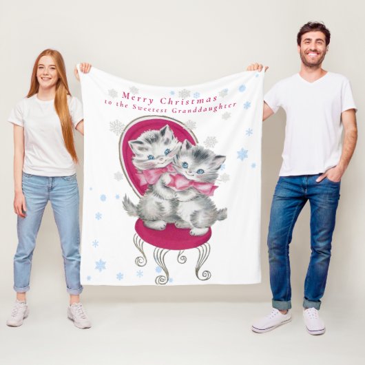 Cute Grey Kittens Pink Bow kerstsnowflakes Fleece Deken (In situ)