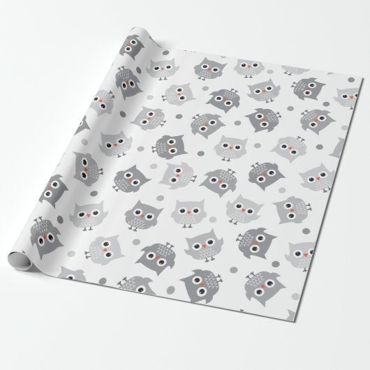 Cute Grey Owls Baby shower Wrapping Paper Cadeaupapier (Uitgerold)