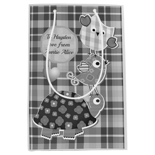 Cute Grey Plaid Turtle and Owl Personalised  Medium Cadeauzakje (Voorkant)