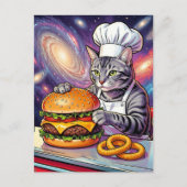 Cute Grey Tabby Cat Chef Making Cheeseburger Briefkaart (Voorkant)