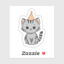 Cute Grey Tabby Kitten Birthday Party Sticker