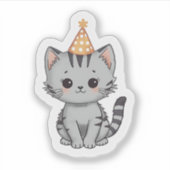 Cute Grey Tabby Kitten Birthday Party Sticker (Voorkant)