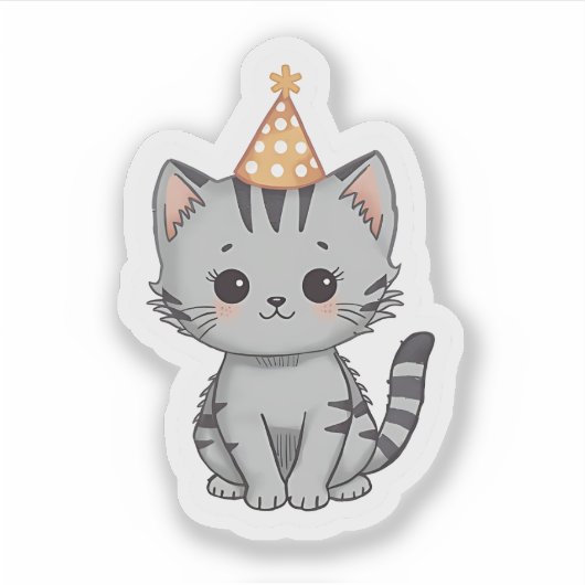 Cute Grey Tabby Kitten Birthday Party Sticker (Voorkant)