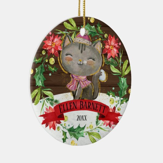 Cute Grey Waterverf Cat Kerstmis Keramisch Ornament (Rechts)