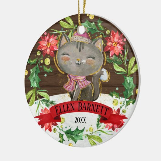 Cute Grey Waterverf Cat Kerstmis Keramisch Ornament (Links)