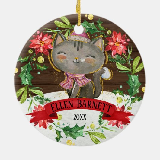 Cute Grey Waterverf Cat Kerstmis Keramisch Ornament (Achterkant)