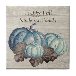 Cute Grey Wood Autumn Herfst Blue Pumpkin Ceramic Tegeltje