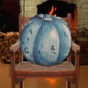 Cute Grey Wood Autumn Herfst Blue Pumpkin Rond Kussen
