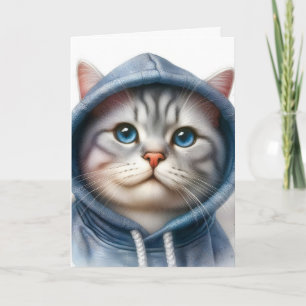 Cute Grijze en Witte Tabby Kat Blauwe Ogen Hoodie  Kaart