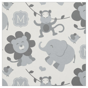 Cute Grijze Jungle Dieren Baby Monogram Stof