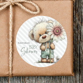 Cute Grijze Strepen Teddy Grote Madeliefjes Baby S Ronde Sticker