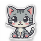 Cute Grijze Tabby Poes Sticker – Grote Ogen (Voorkant)
