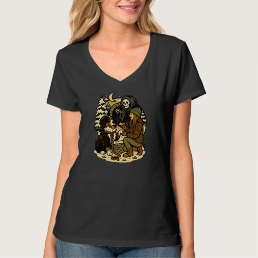 Cute Grim Reaper Girl and Dog Spooky Forest Night T-shirt (Voorkant)