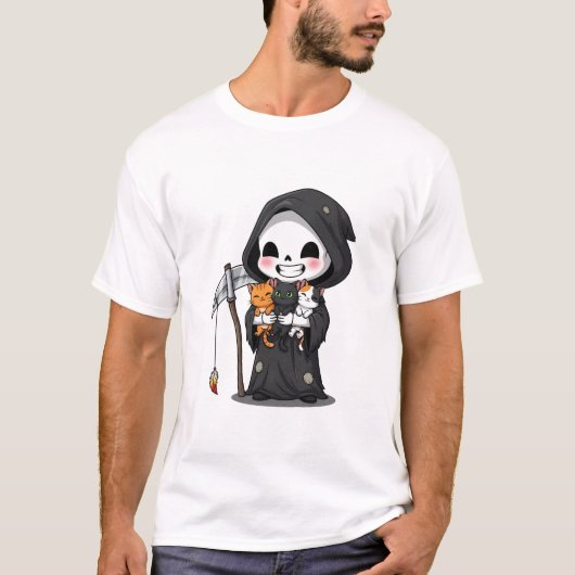 Cute Grim Reaper Holding Three Cats Cartoon T-shirt (Voorkant)