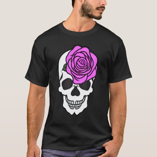 Cute Grinning Feminine Skull met Large Roos Graph T-shirt (Voorkant)