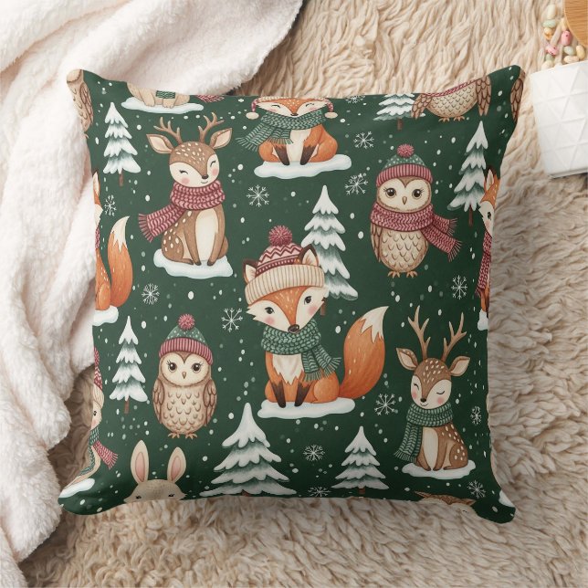 Cute Groen Bos Kerst Dierenpatroon Kussen (Deken)