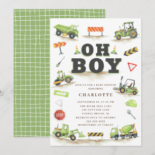 Cute Groene Bouwtruck Baby Shower Uitnodiging