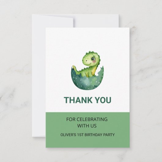 Cute Groene Dinosaur Waterverf Kinderverjaardagsfe Bedankkaart (Voorkant)