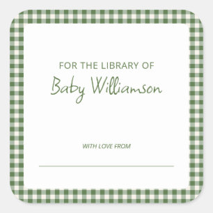 Cute groene geruite Gingham babyshower-boekplaat Vierkante Sticker