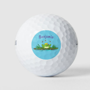 Cute groene hongerige kikker cartoon illustratie golfballen