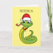 Cute groene slang met kerstman hoed cartoon kaart (Voorkant)