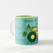 Cute groene turquoise blauwe graafmachine voertuig tweekleurige koffiemok (Voorkant links)