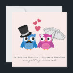 Cute Groom Owl and Bride Owl Wedding Invitation Kaart<br><div class="desc">Schattige illustraties van een paarse bruiduil met een witte florale parasol en een blauwe groomuil met een snor,  bovenste hoed en een boeg stropdas. Deze leuke,  leuke en unieke huwelijksuitnodiging zal geweldig zijn voor niet-traditionele bruiloften. Stuur me een bericht als je overeenkomende objecten wilt.</div>
