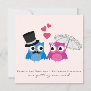 Cute Groom Owl and Bride Owl Wedding Invitation Kaart