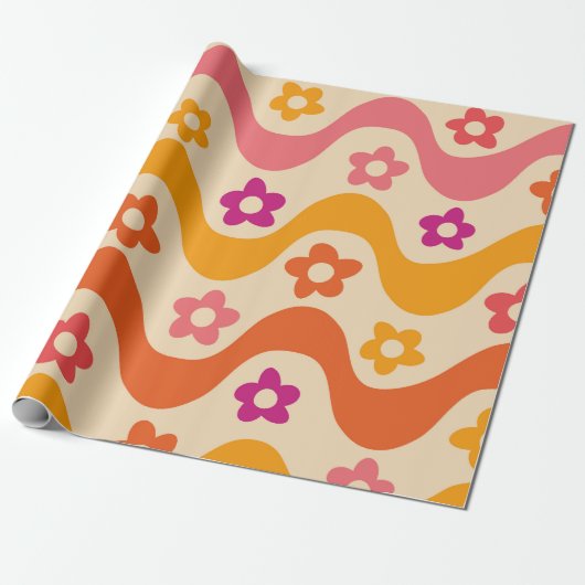 Cute Groovy bloempatroon op retro golven Cadeaupapier (Uitgerold)