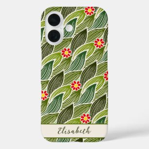 Cute Groovy Hippie Red Green Daisy Floral Pattern iPhone 16 Hoesje