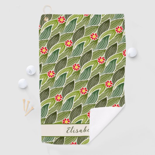 Cute Groovy Hippie Red Green Daisy Floral Pattern Golfhanddoek (Insitu)