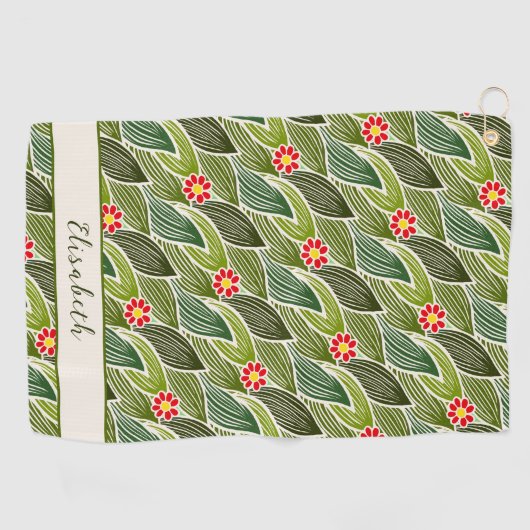 Cute Groovy Hippie Red Green Daisy Floral Pattern Golfhanddoek (Horizontaal)