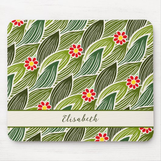 Cute Groovy Hippie Red Green Daisy Floral Pattern Muismat (Voorkant)