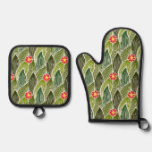 Cute Groovy Hippie Red Green Daisy Floral Pattern Ovenwant & Pannenlap Set (Voorkant)