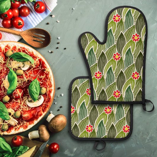 Cute Groovy Hippie Red Green Daisy Floral Pattern Ovenwant & Pannenlap Set